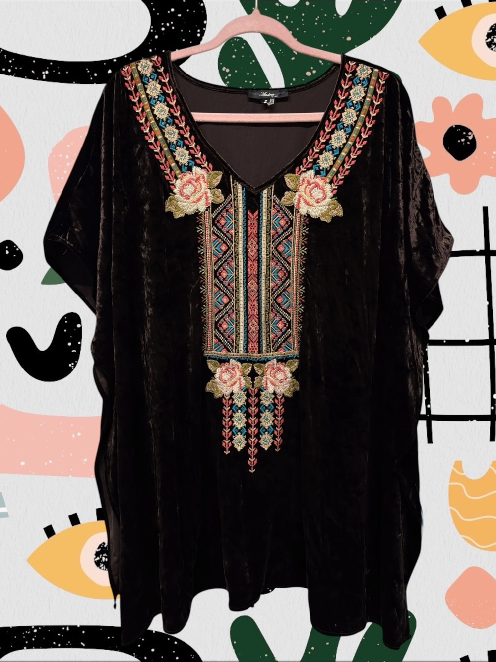 Andree by UNIT | Brown Velvet Floral Boho Embroidered Tunic Poncho